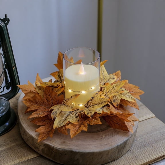 RnemiTe-amo Fall Candle Rings Wreaths, Halloween Festival Simulation Maple Leaf Candle Candlestick Garland Decoration Ring Candlestick Candle Decoration