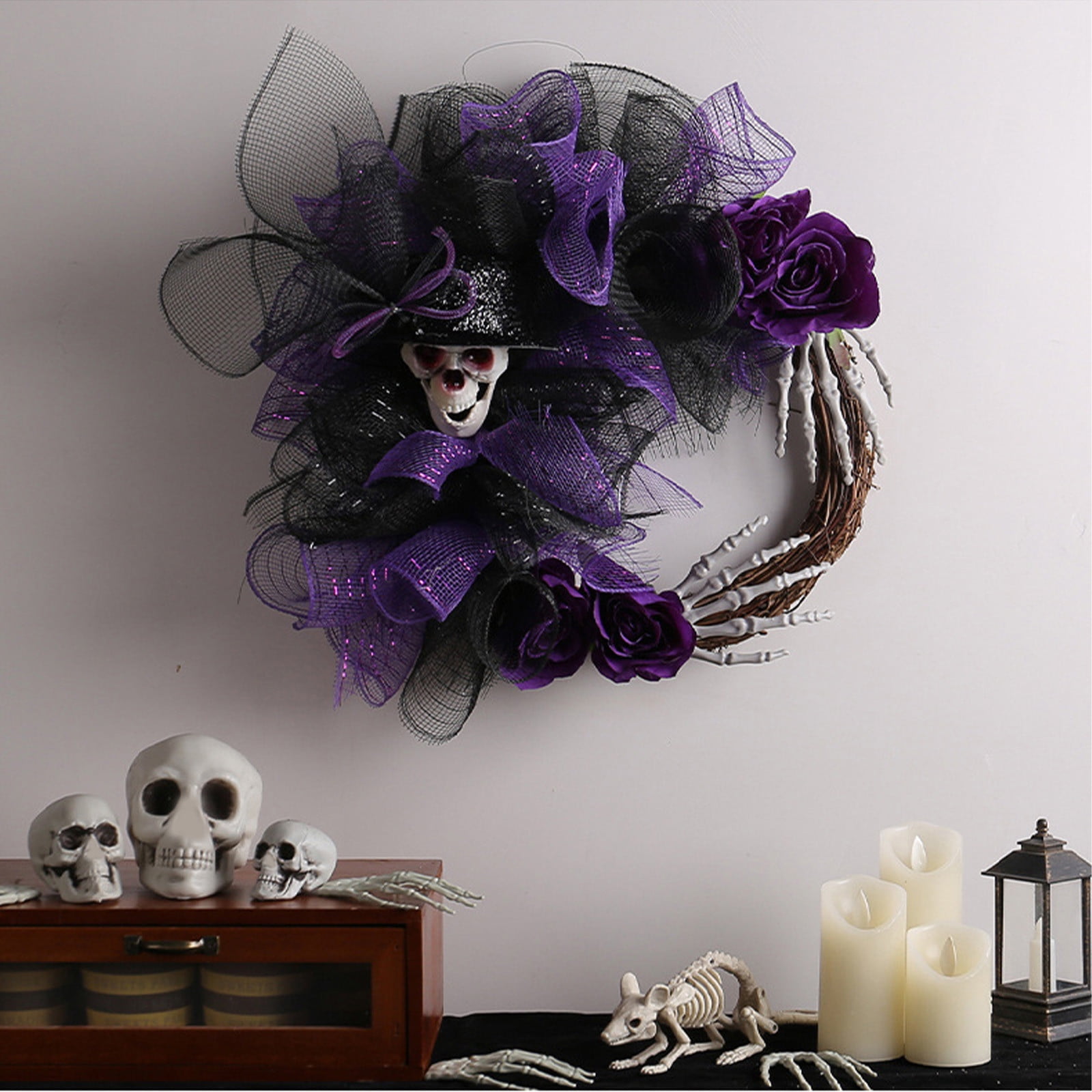 RnemiTe-amo Halloween Skull Wreath for Front Door,16 Inch Skeleton with ...