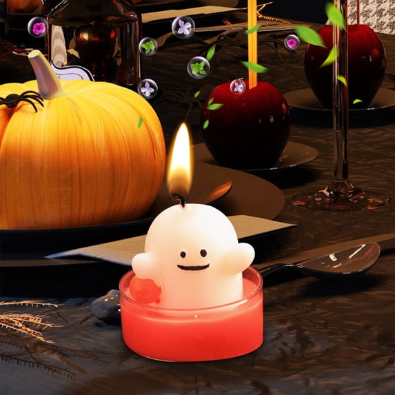RnemiTe-amo Halloween Smiling Ghost Candles Spooky Candles White Floating Candles Halloween Decorative Tabletop Candle White Dripless Wax Burning Candles for Halloween Party