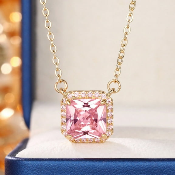 RnemiTe-amo Silver Diamond Necklaces for Women,Pink Cubic Zirconia Princess Necklace,Silver Halo Necklace w/Solitaire Square Cut Cubic Zirconia Diamond - Wedding Anniversary