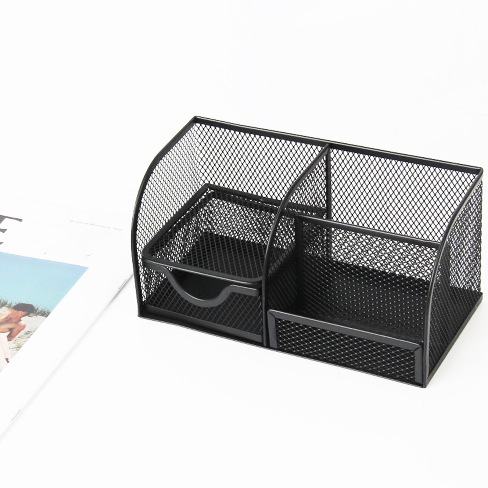 RnemiTe-amo Steel Mesh Desk Organizer, 4 Divided Compartments With 1 Slide Drawer, Black