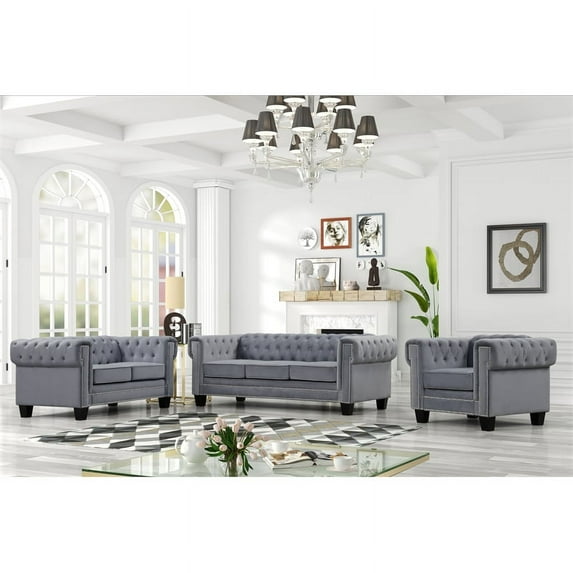 Rnfurnishings inc Amar 3-Piece Living Room Furniture Velvet fabric Set-Gray