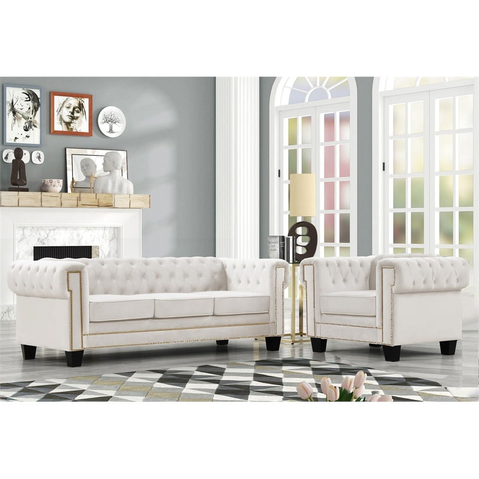 Rnfurnishings Inc Arav Velvet Fabric 2-Piece Living Room Couch Sofa Set, Off  White - Walmart.com, image size:1600x1600