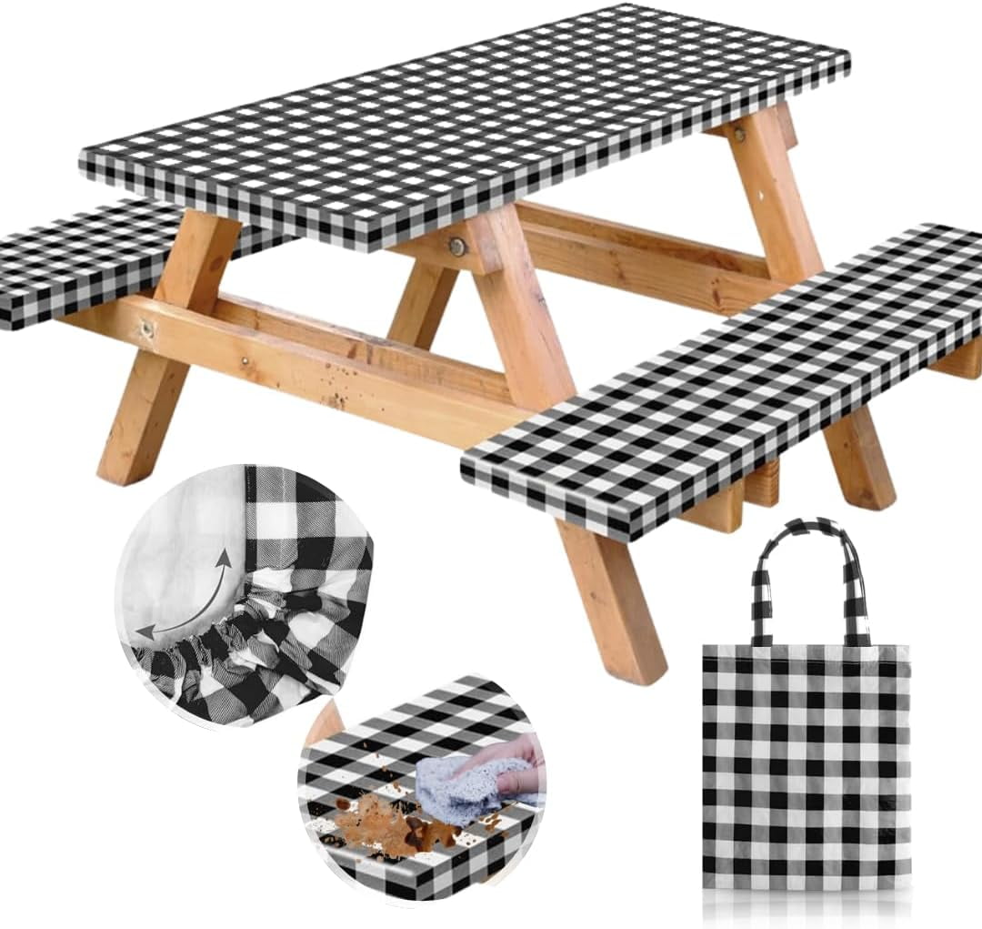 Black and White Checkered Vinyl Picnic Table Cover Set with Elastic Edges