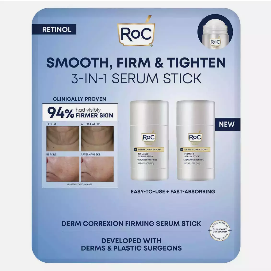 RoC 3-in-1 Derm Correxion Firming Retinol Serum Stick, 1 Ounce (Pack of 2)