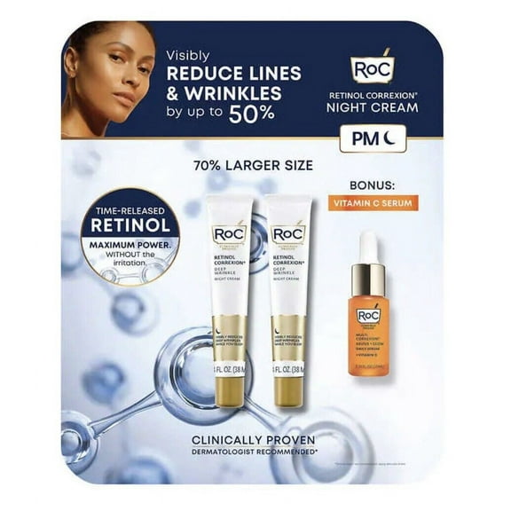RoC Retinol Correxion Night Cream with SPF 30 1.38 fl Oz/38 ml 2-Pack + Bonus Vitamin C Serum