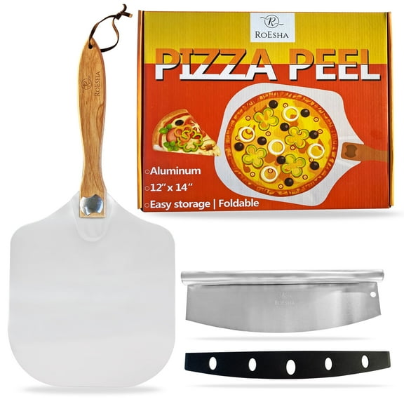 RoEsha Metal Pizza Peel 12 x 14 inch with Stainless Steel Pizza Cutter 14 Inch Rocker Blade, Pizza Spatula Paddle with Foldable Wood Handle, Easy Storage Pizza Oven Accessories for Baking and Gifting