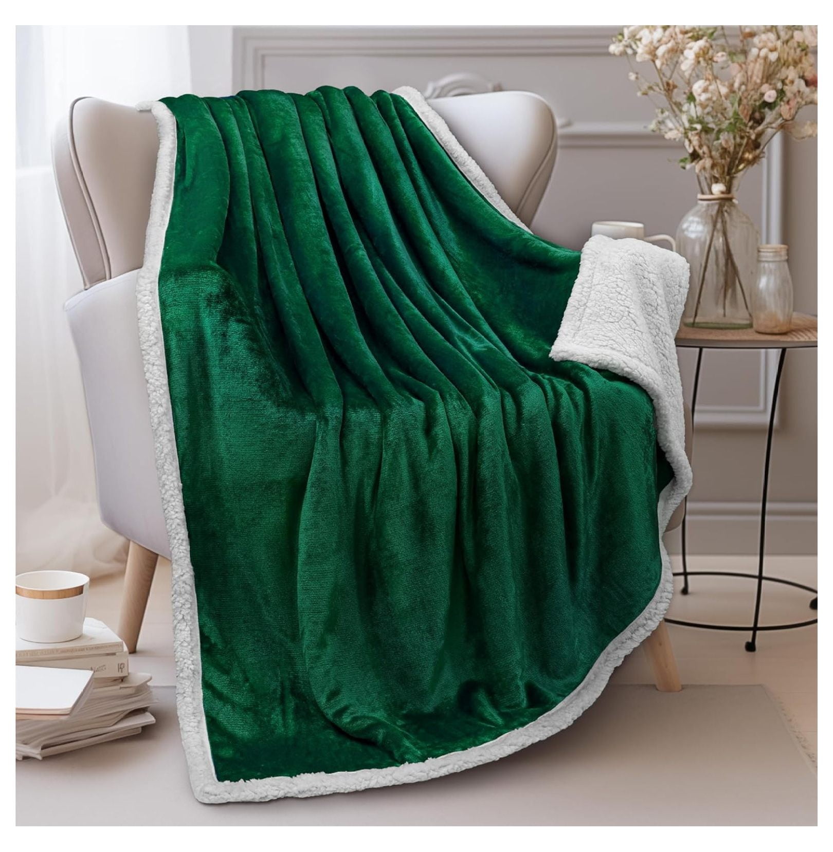Emerald Green Reversible Fleece and Sherpa Throw Blanket