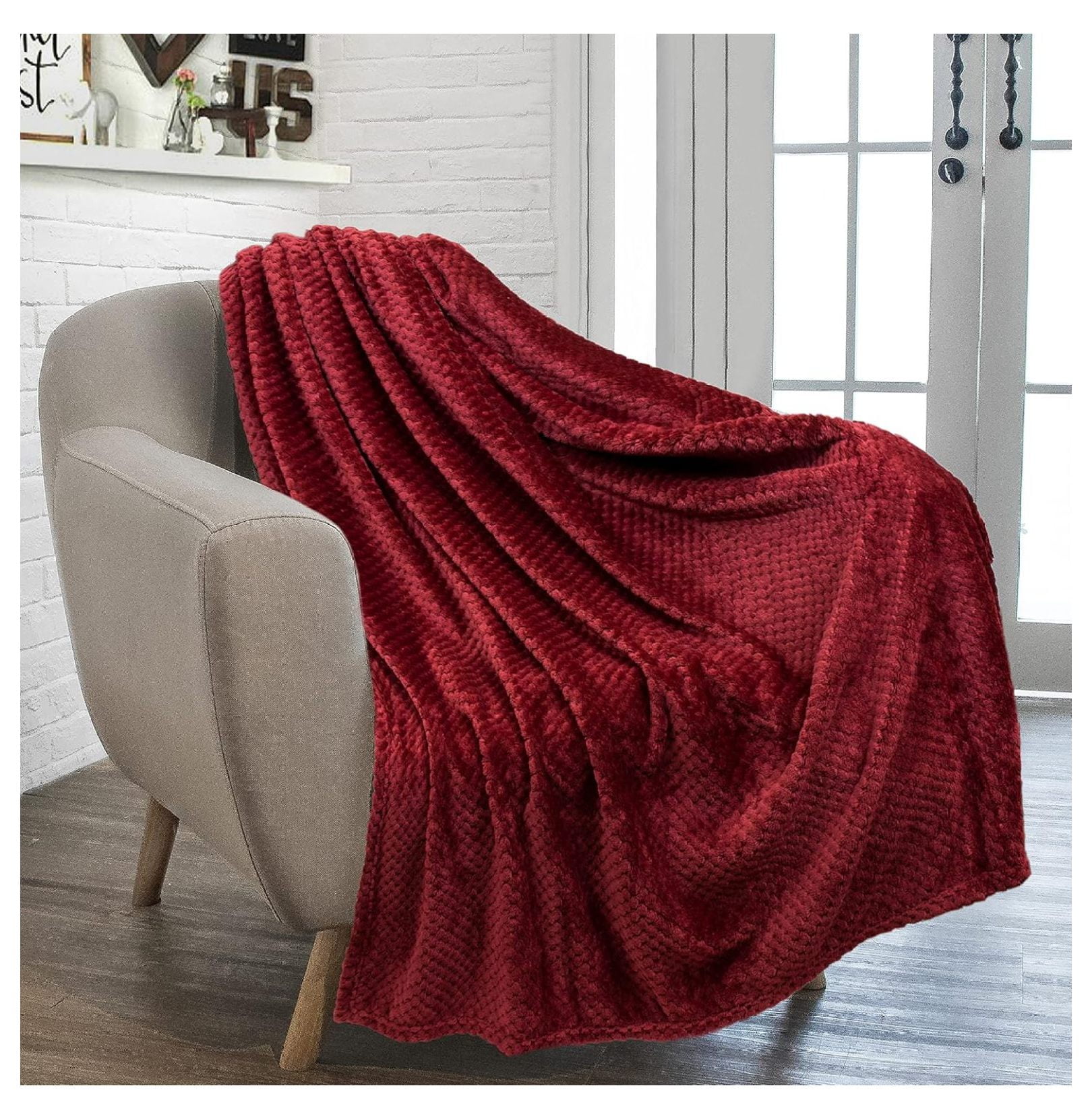 Wine Red Fleece Waffle Textured Throw Blanket, 50" x 60"