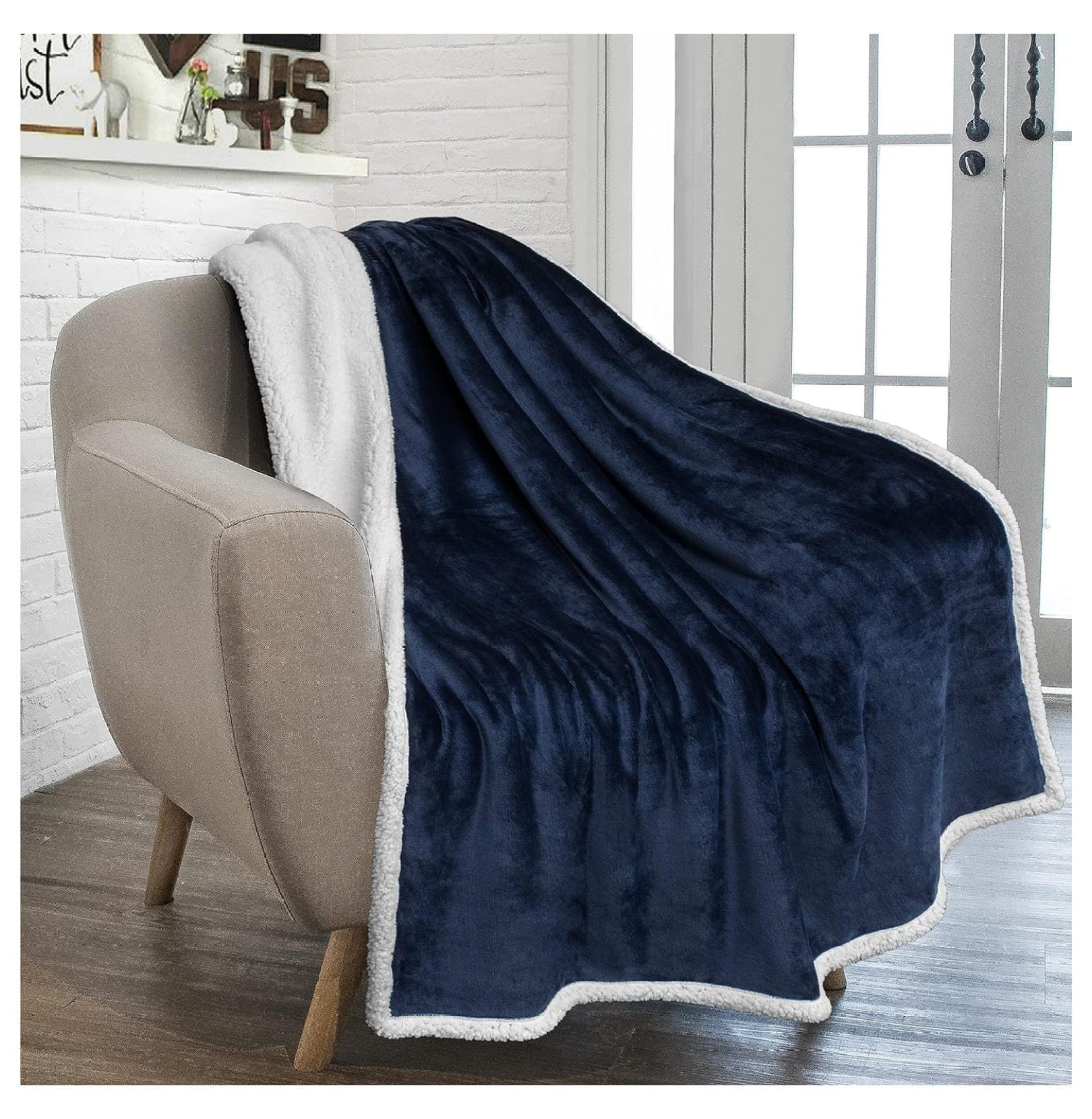 Navy Blue Sherpa Fleece Reversible Throw Blanket