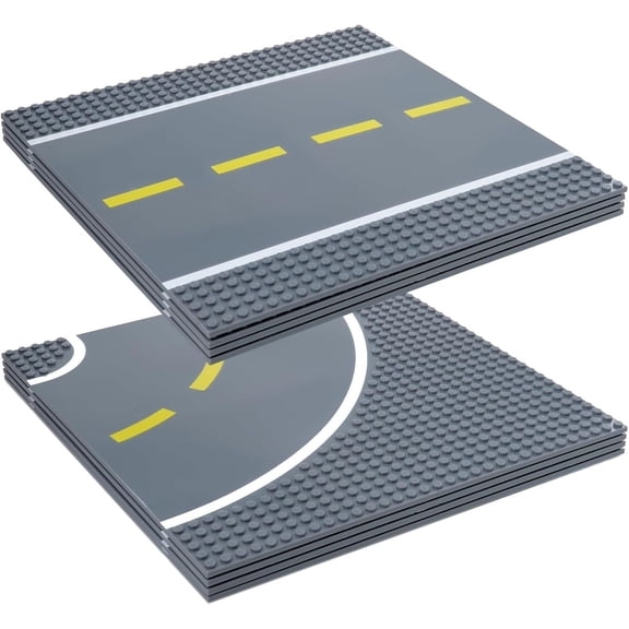 Road Baseplates - Stackable for Brick Building - Compatible with Lego & Other Brands - Straight & Curved Race Track Plates - Pack of 8, 10 x 10 in, 4 Straight & 4 Curved