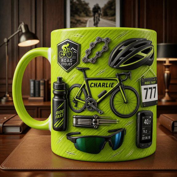 Road Bike Mug 3D Effect Custom Name Cyclist Gift in Athletic Neon Green