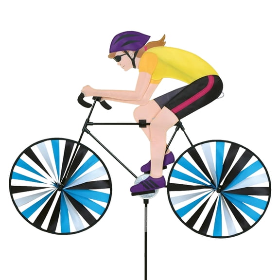 Road Bike Spinner Woman 35" Sporty Cyclist Design, Weather-Resistant Outdoor Decor, Durable & Lightweight for Patios, Yards, and Gardens - Eye-Catching Wind Spinner with Rotating Wheels