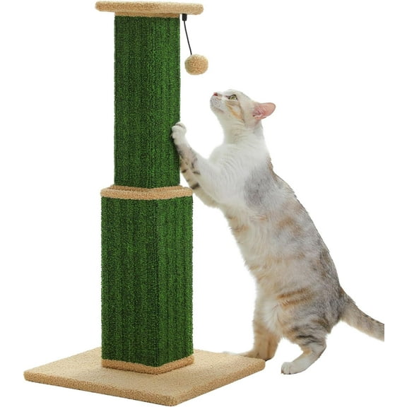 Road Carpet Cat Scratching Post 32” Tall Scratching Post for Indoor Cats Adults Ultimate Scratch Post with Carpet, Large Base and Removable Dangling Ball- Green
