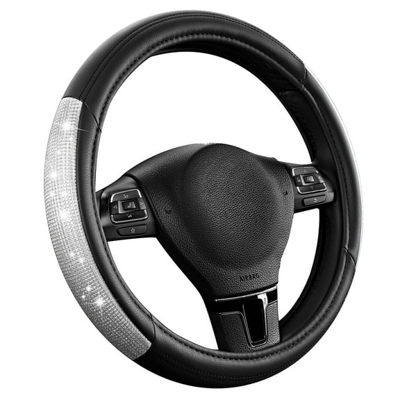 Road Comforts Bling Diamond Leather Steering Wheel Cover, Universal Fit 14" 1/2-15" Steering Wheel Protector Women Girl Suvs,Vans,Sedans,Car,Sliver
