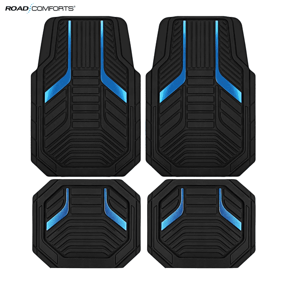 Road Comforts Heavy Duty Rubber Floor Mats Blue Aluminum Film Car Mats Set, Front and Rear Car Mats