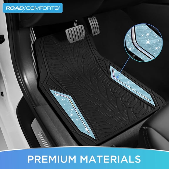 Road Comforts Glitter Car Floor Mats, Glitter Rubber Floor Mats Full Set,Shiny Sparkle Design, Universal Fit, Easy to Clean, Anti-Slip Protection Blue