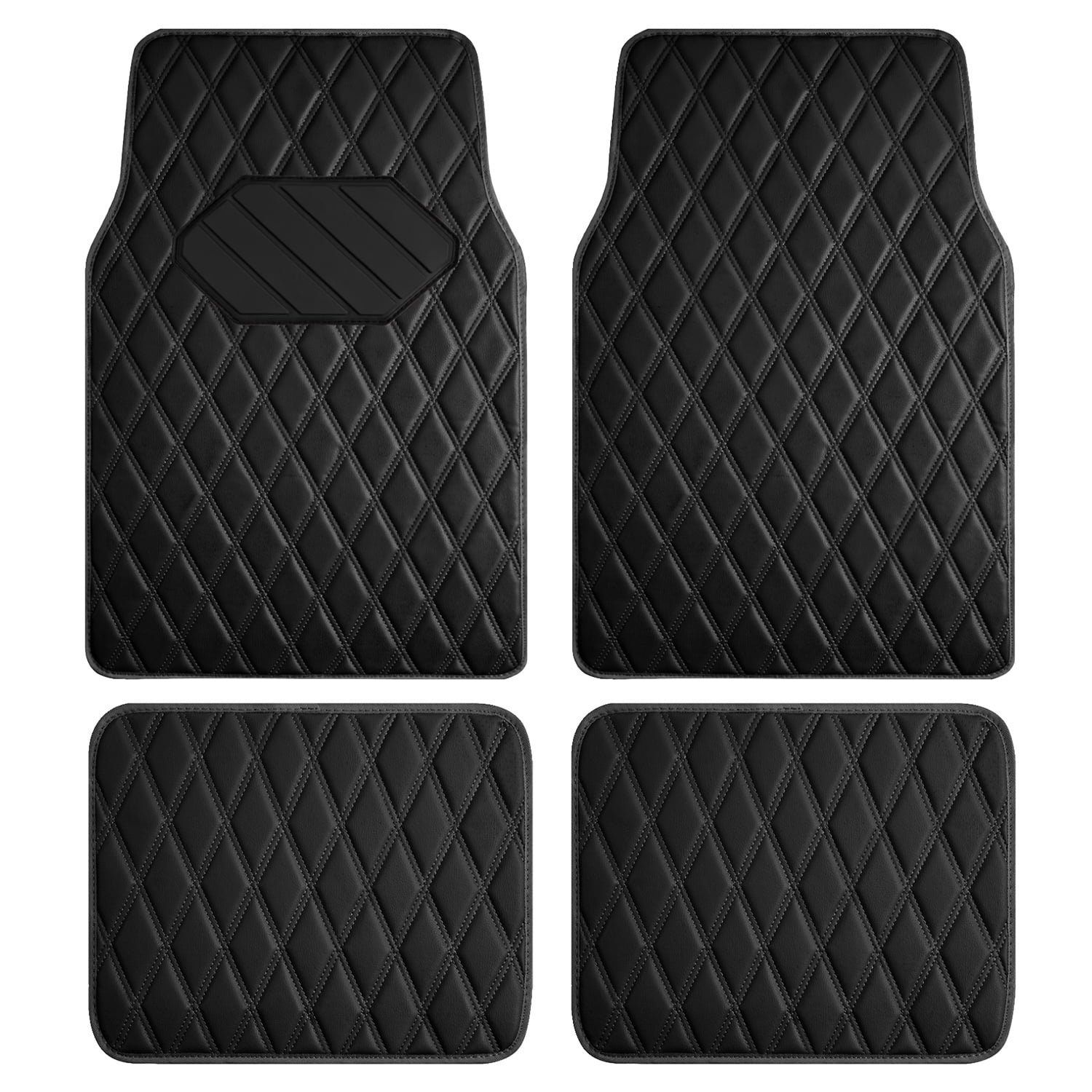 Road Comforts 4PC Leather Quilted Car Floor Mats, Stylish, Durable, Waterproof, Non-Slip, Full Coverage for Cars and SUVs Black