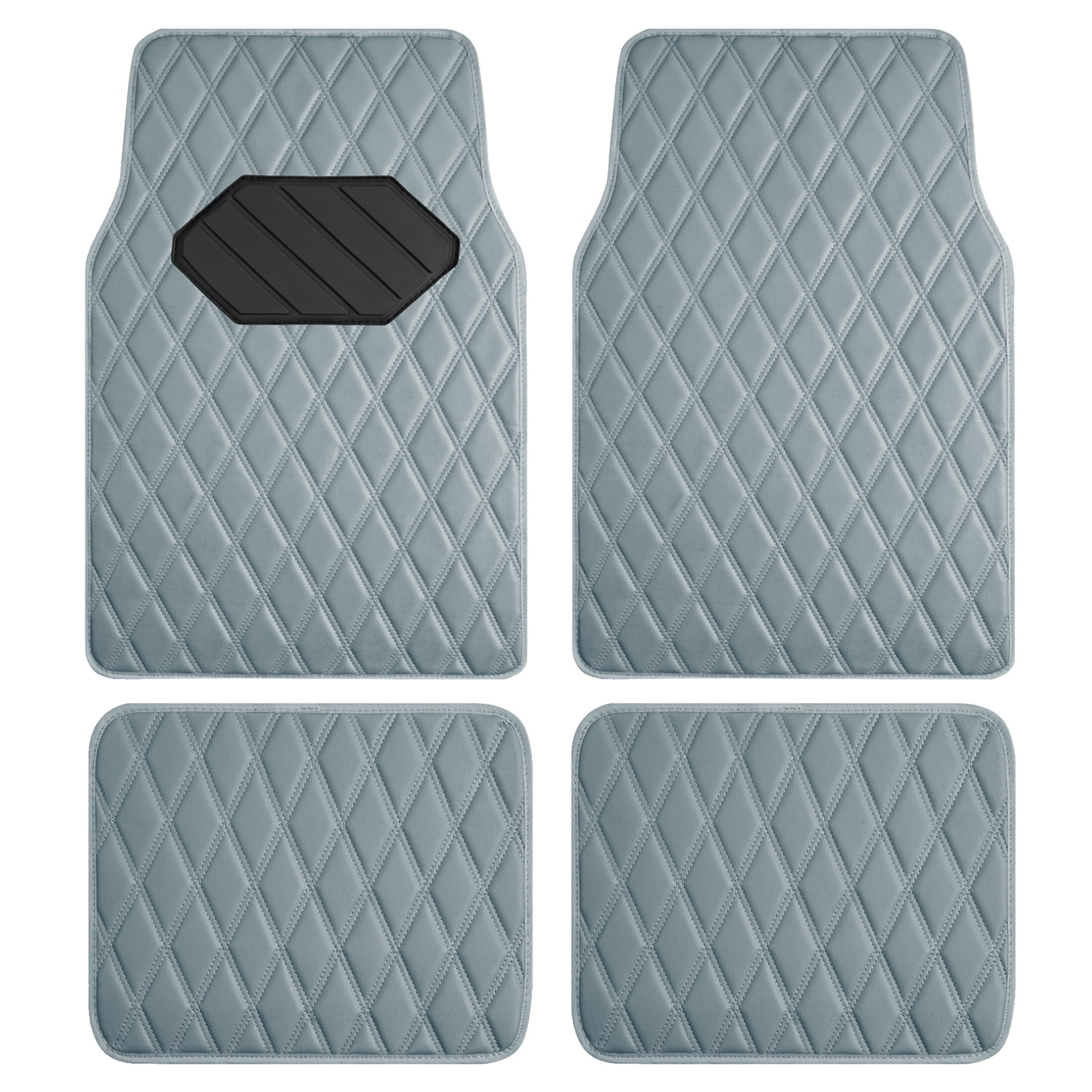 Road Comforts 4PC Leather Quilted Car Floor Mats, Stylish, Durable, Waterproof, Non-Slip, Full Coverage for Cars and SUVs Gray
