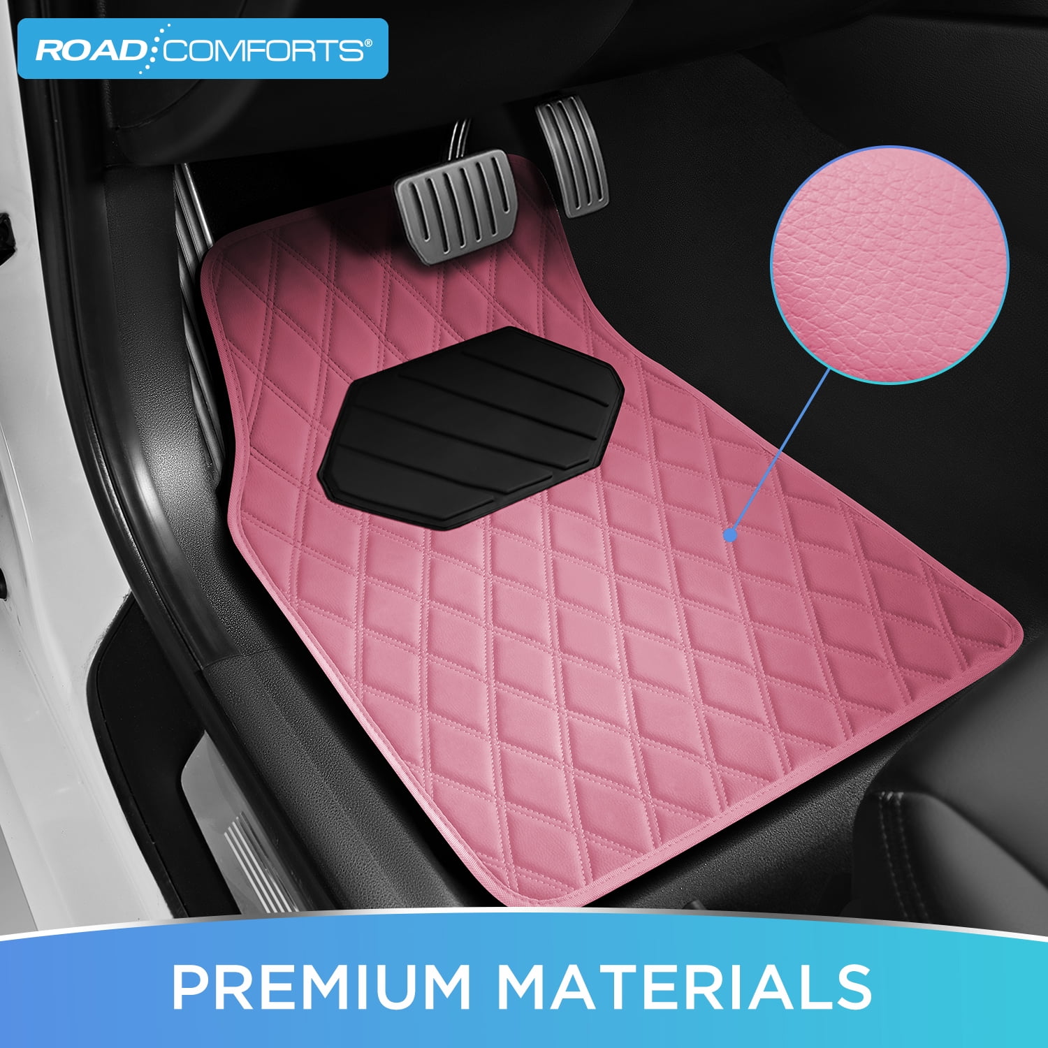 Road Comforts 4PC Leather Quilted Car Floor Mats,Stylish,Durable, Waterproof,Non-Slip,Full Coverage for Cars and SUVs Pink