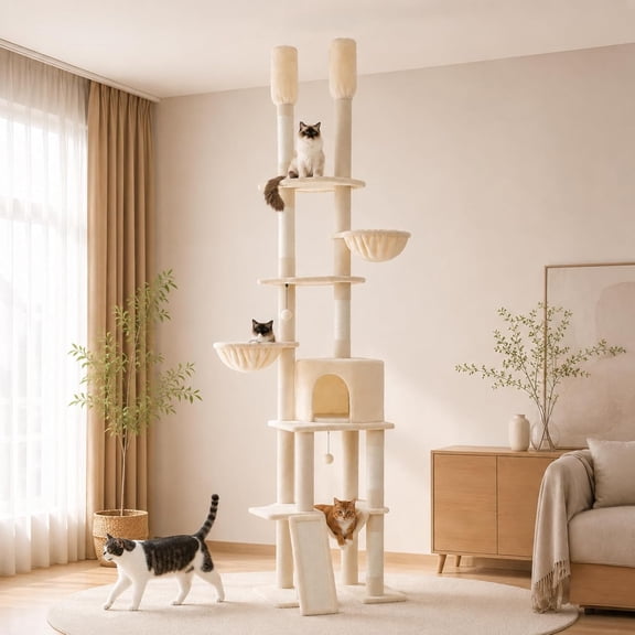Road Floor to Ceiling Cat Tree, 85–112" Tall Cat Tower with Dual Posts | tall cat tree with scratching posts,skinny ceiling cat tower,adjustable height&no dirll,4 rest spots for indoor cats