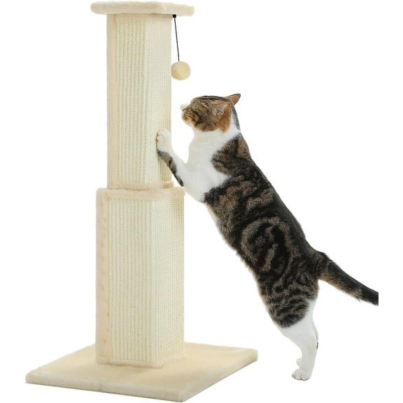 Road Large Cat Scratching Post 32” Tall Scratching Post for Indoor Cats Adults Ultimate Scratch Post with Woven Sisal, Large Base and Removable Dangling Ball- Beige