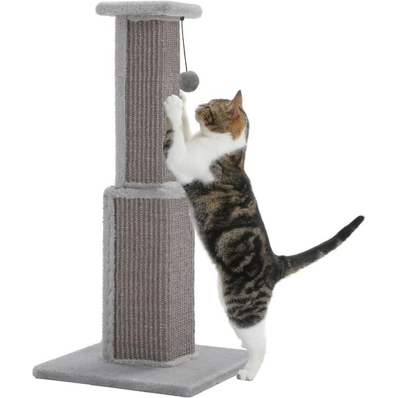 Road Large Cat Scratching Post 32” Tall Scratching Post for Indoor Cats Adults Ultimate Scratch Post with Woven Sisal, Large Base and Removable Dangling Ball- Grey