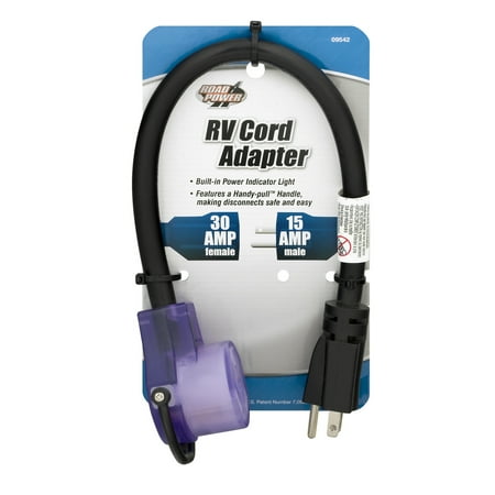 Road Power 09542 14/3 STW 15 to 30-Amp RV Adapter Extension Cord with Lighted End, 18-Inch, Black