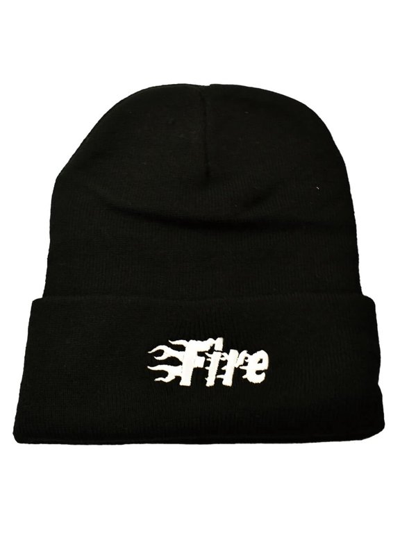 Fire Embroidered Beanie, Black, One Size