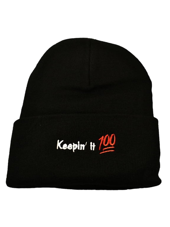 Keepin' it 100 Embroidered Beanie, Black, One Size