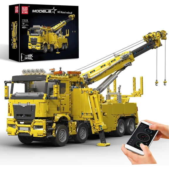 Road Rescue Crane Truck Building Blocks, APP & Remote Control Motorized Engineering Tow Truck, 4883 PCS Large Construction Vehicle Model, Advanced Mechanical Building Kit for Adults