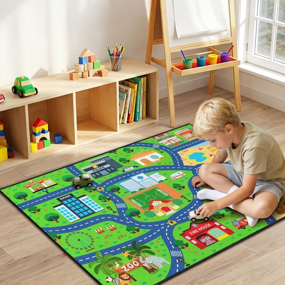 Road Rug for 2x3 Ft - Interactive City Track Play Mat, Smooth Low-Pile Carpet with TPR Non-Slip Backing, Educational Traffic Play Rug for Playroom Classroom