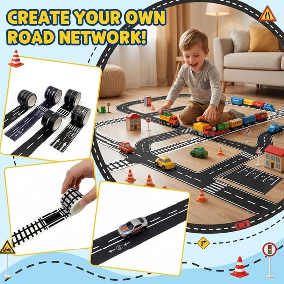 Road TapeforKids, Masking Tape 2 Inch Wide, 16 Ft Length, Black White Printed, Diy Play Activity, Toy Car Play, 2inWidth, 1 Pc