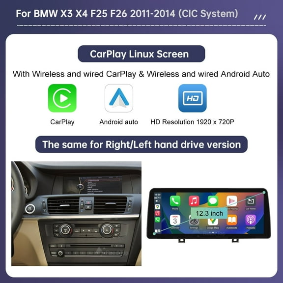 Road Top 12.3 Inch Touch Screen Wireless CarPlay for BMW X3 X4 F25 F26 2011-2014 with CIC System Car Stereo Multimedia Radio Receiver, Support Wireless Android Auto, Mirrorlink