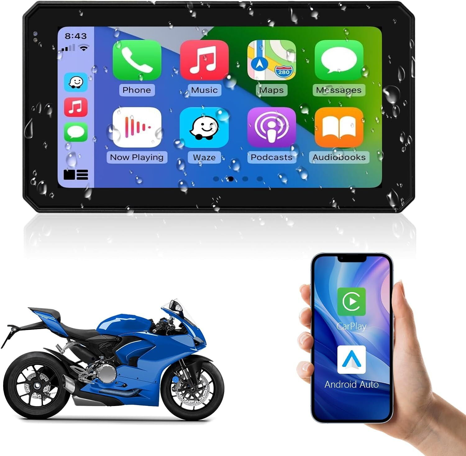 5 inch Motorcycle Wireless Carplay Android Auto Screen IPX7 Waterproof  Navegador Gps Moto