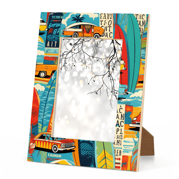 Road Tour Picture Frame, Retro Beach Cars & Surfboards 5×7 in ,Eco Wood & Acrylic Photo Frame for Kids Room, Wall & Tabletop Decor, 5mm Thick