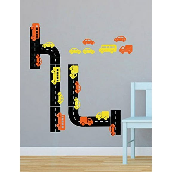 Road Tracks and Cars Vinyl Decals Boy Wall Sticker Shape Dcor, Black, Yellow, Orange
