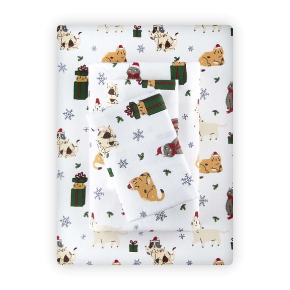 Road Trip America Flannel Sheets Set - Cats with Santa Hats - 100% Cotton Sheets - 4 Pieces Full Size - Christmas Sheets