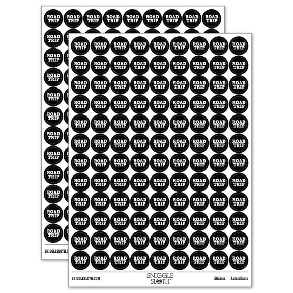 Road Trip Fun Text 200+ Round Stickers - Black - Gloss Finish - 0.50" Size
