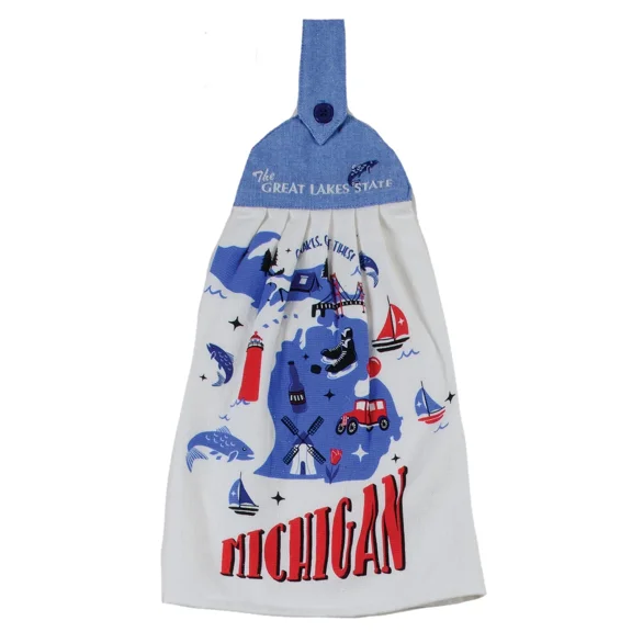 Road Trip Home State Of Michigan Blue Kitchen Tie Towel
