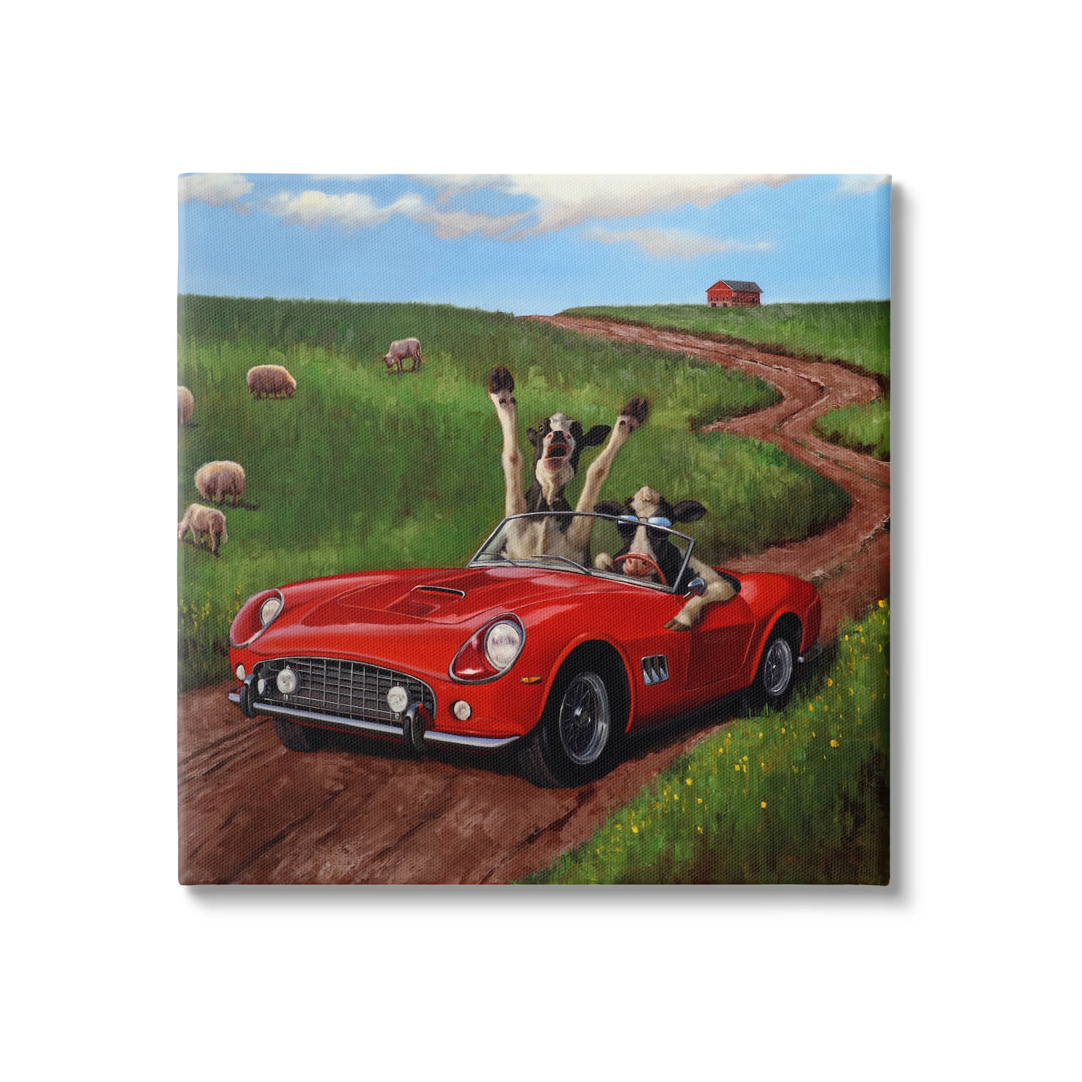 Road Trip Rural Cow Farmland Animals & Insects Painting Gallery Wrapped Canvas Print Wall Art