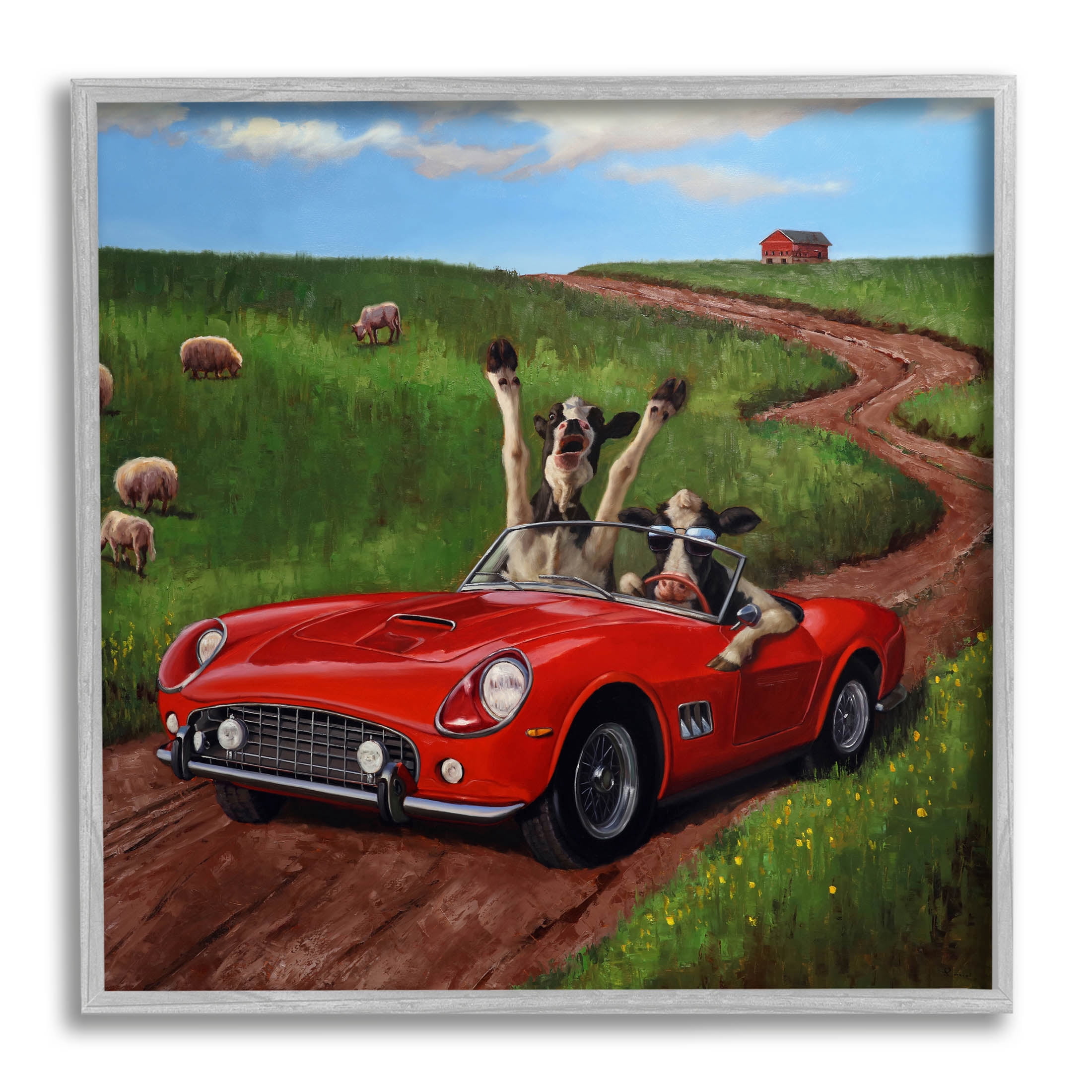 Road Trip Rural Cow Farmland Animals & Insects Painting Gray Framed Art Print Wall Art