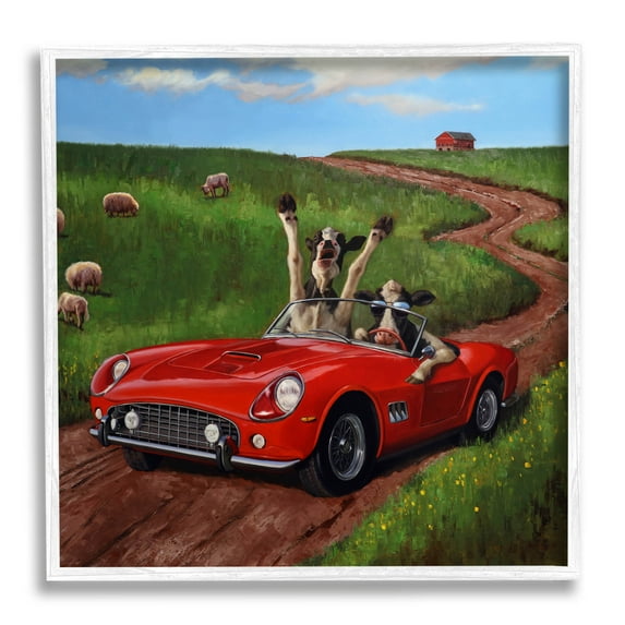 Road Trip Rural Cow Farmland Animals & Insects Painting White Framed Art Print Wall Art