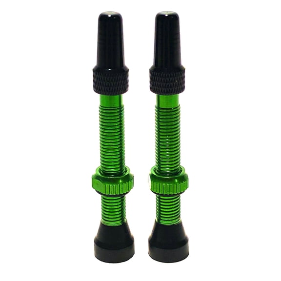 Road Up Pair (2) 44mm Tubeless Green Presta Valve Stems w/Removable Core, Aluminum Cap