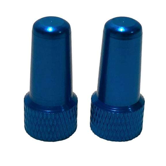 Road Up Two Aluminum Blue Presta Valve Cap Dust Covers for Bicycle Wheels and Tubes