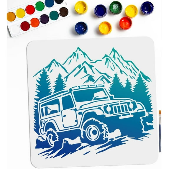 Off Road Vehicle Mountain Scenery Stencil 11.8×11.8inch Large Forest Mountain Landscape Stencil with Paint Brush Natural Outdoor Adventure Drawing Template for Wall Furniture Fabric Wood