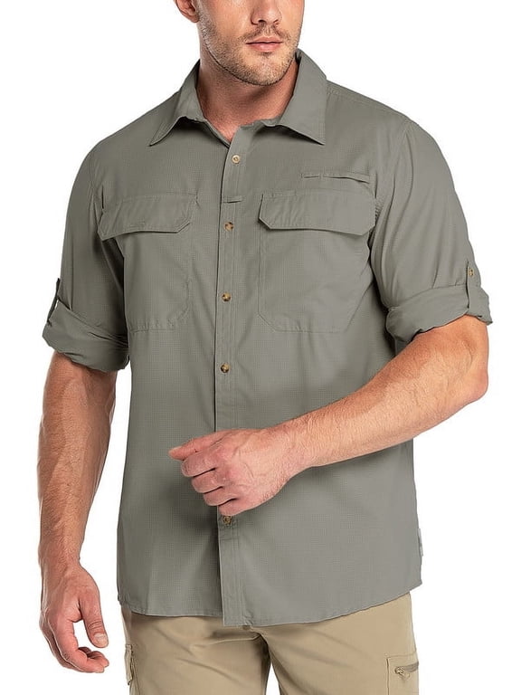Mens Sun Protection Safari Shirt Button Down Work Lightweight Long Sleeve Hiking Shirt for Fishing Travel Outdoor