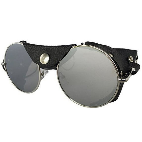 Road Vision Round Lens Motorcycle Sunglasses Steampunk Cycling (Chrome Frames, Flat Lens Mirror)