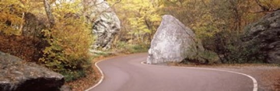 Road curving around a big boulder Stowe Lamoille County Vermont USA Canvas Art - Panoramic Images (36 x 12)