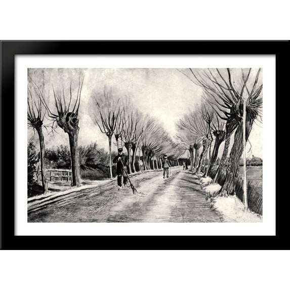 Road with Pollard Willows and Man with Broom 40x28 Large Black Wood Framed Print Art by Vincent van Gogh